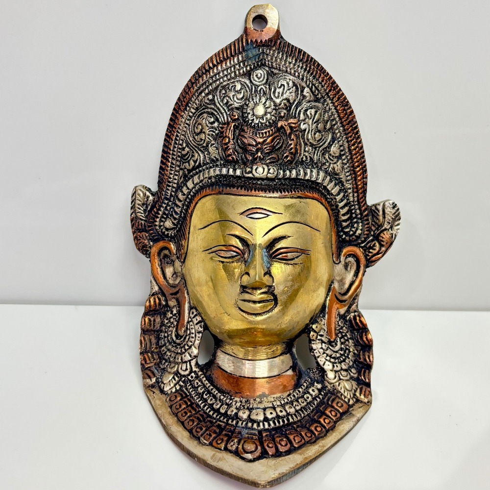 Antique Tibetan Indian Budda Lord Indra Solid Brass Deity Wall Mask Repousse